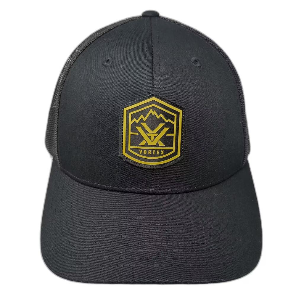 Vortex Trucker Hat Black Yellow OS Snapback Mesh Logo Patch Curved Brim Mountain